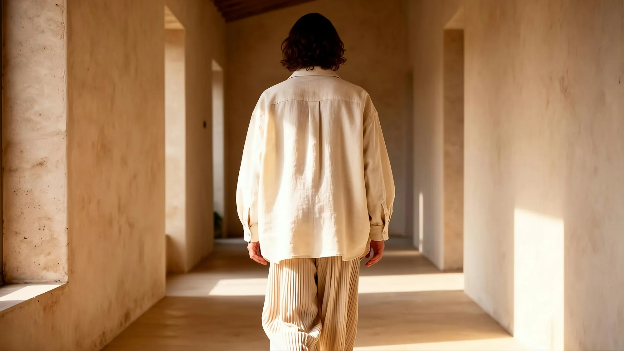 Somebody walking along a sunlit hallway